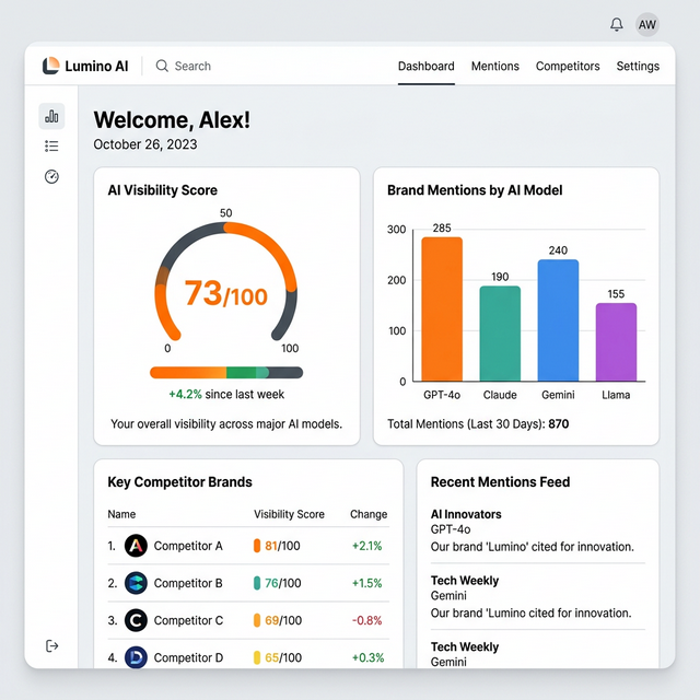 Zerquon AI Visibility Dashboard showing a brand's score, competitor mentions, and AI model breakdown